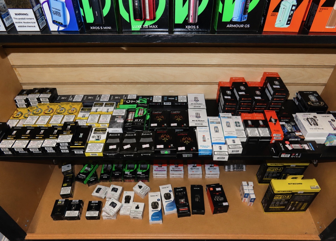 Vape mods, pods, coils and disposables display