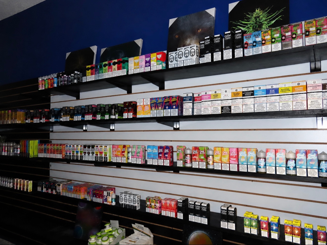 Wall of e-liquid and vape juice at Pirates Bay Smoke Shop