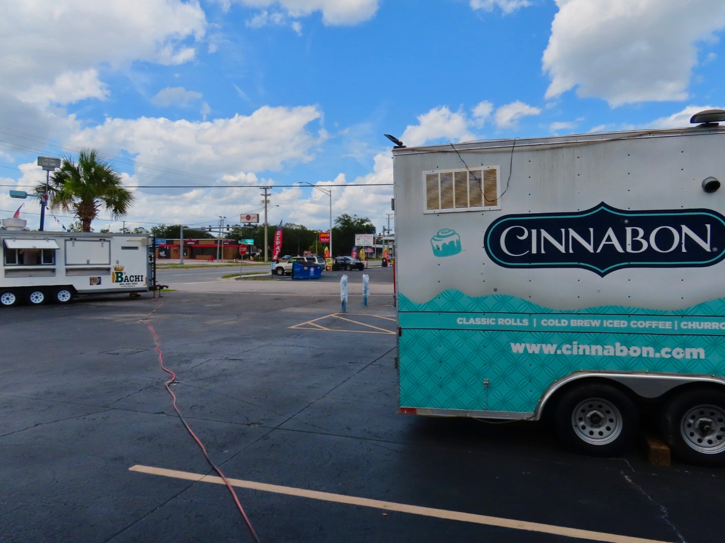 Bachi hibachi truck and Cinnabon trailer parked at Pirates Bay