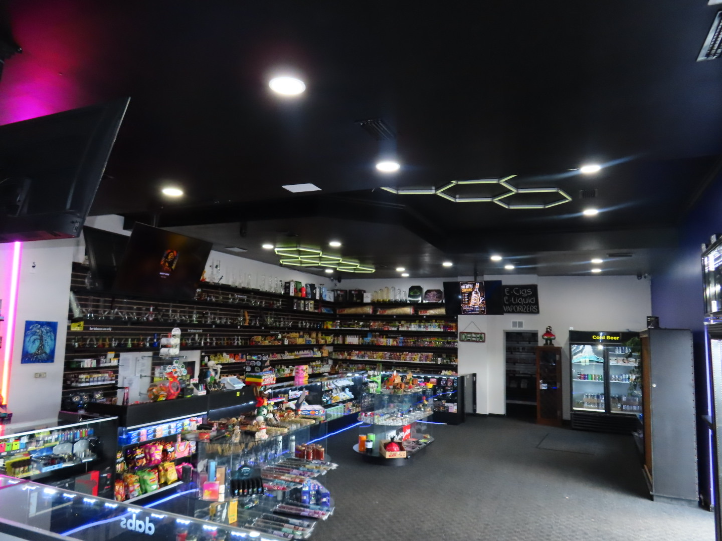 Wide view of the retail floor at Pirates Bay Smoke Shop